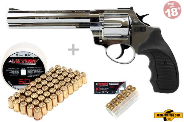 Schreckschuss Set: Zoraki Revolver R1 6 Zoll Chrom + 50 Platz- / + 10 Pfefferpatronen 9mm R.K.