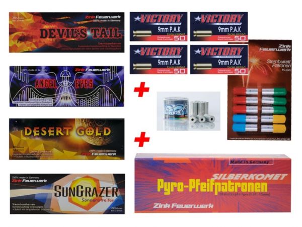 Silvester Pyro Munition - Set: 170 Teile Zink Feuerwerk + 200 Schuss Platzpatronen