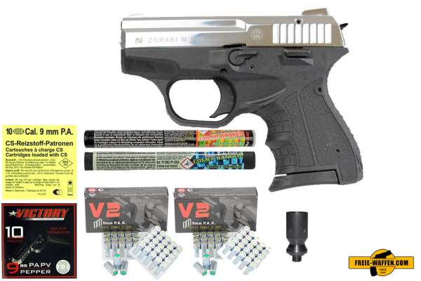 ZORAKI 906- Komplett Set- Schreckschusspistole / Gaspistole 9 mm P.A.K. chrom