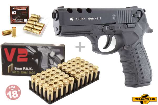 Schreckschuss Set: Zoraki 4918 Schwarz + 50 Platz- / + 10 Pfefferpatronen 9mm P.A.K.