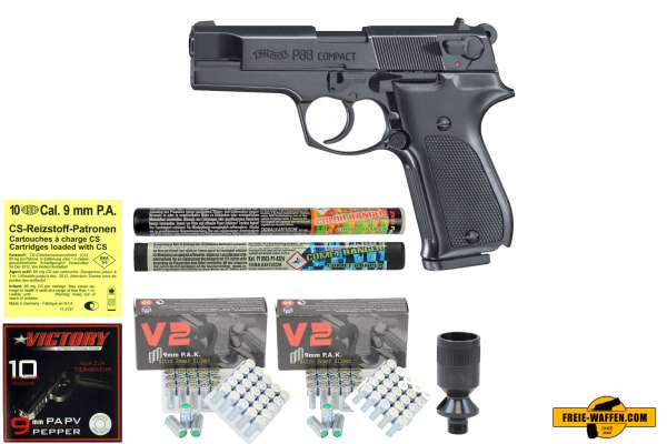 Walther P88,- Komplett Set - Schreckschusspistole / Gaspistole, 9 mm P.A.K., schwarz / brüniert