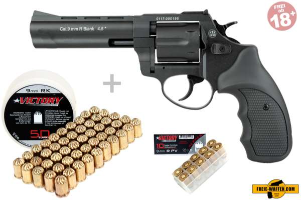 Schreckschuss Set: Zoraki Revolver R1 4,5 Zoll Schwarz/ brüniert + 50 Platz- / + 10 Pfefferpatronen 9mm R.K.