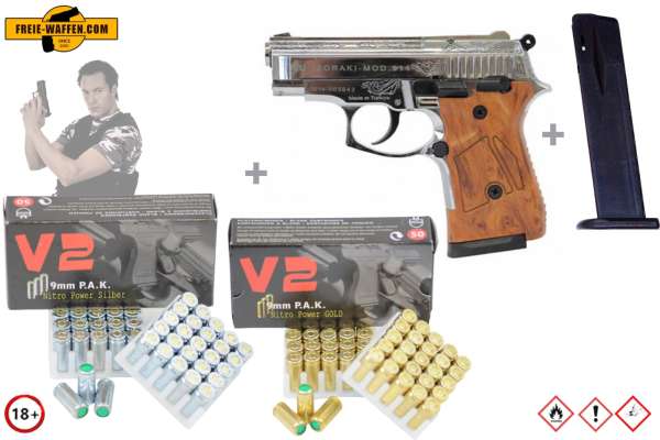 ZORAKI 914 - Komplett Set - Schreckschuss-Pistole Kal. 9mm P.A.K + Munition und Zubehör