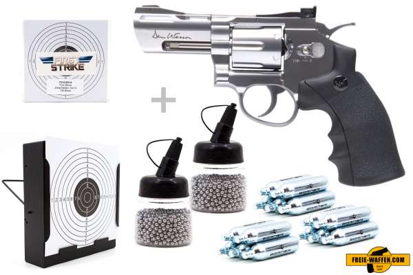 Co² Pistole Komplettset: Dan Wesson 2,5" NBB Silber, Kugelfangkasten & Zubehör Co² Pistole Komplettset: Dan Wesson 2,5" NBB Silber, Kugelfangkasten & Zubehör