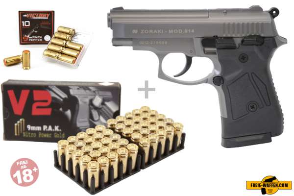 Schreckschuss Set: Zoraki 914 Titan + 50 Platz- / + 10 Pfefferpatronen 9mm P.A.K.