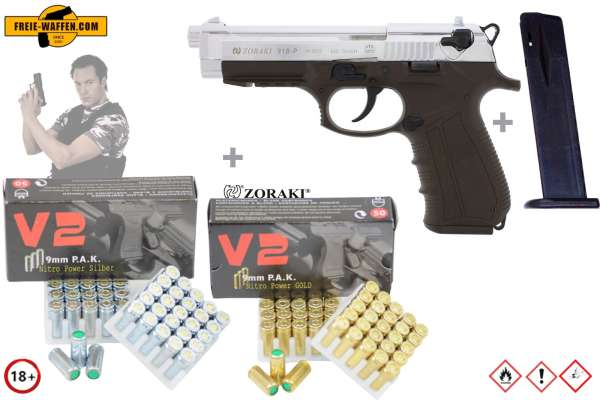 ZORAKI 918- Komplett Set - Schreckschuss-Pistole Kal. 9mm P.A.K + Munition und Zubehör