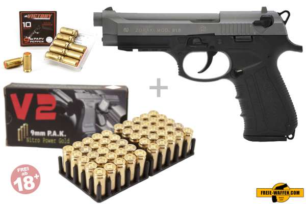 Zoraki 918 Titan Schreckschuss Set Pistole, 50 Platzpatronen 10 Pfefferpatronen.