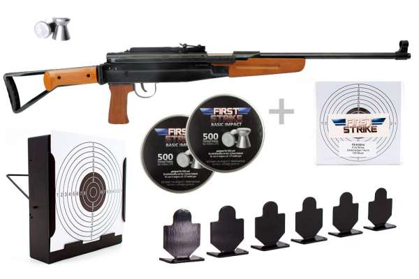 Luftgewehr Set First Strike Modell Sp47 Kal 4 5 Mm Diabolo Kugelfangkasten 100 Zielscheiben First Strike Silhouetten Stahlziele In Schwarz 1000 Diabolos Preiswert Kaufen Freie Waffen Com