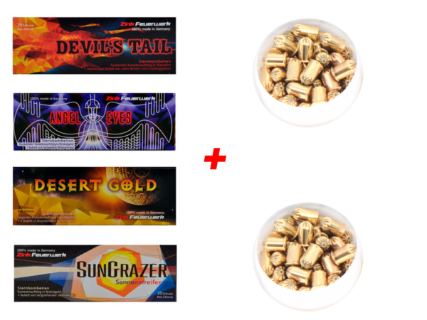 Silvester Pyro Munition - Set: 80 Teile Zink Feuerwerk + 100 Schuss R.K.