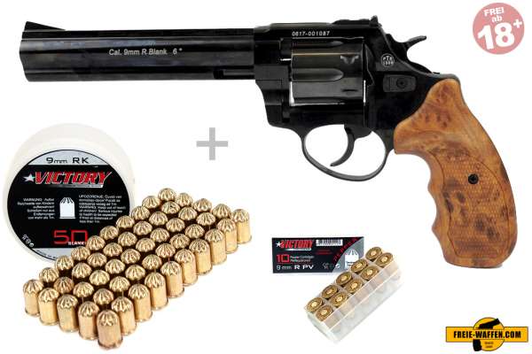 Schreckschuss Set: Zoraki Revolver R1 6 Zoll Schwarz glänzend/ HG + 50 Platz- / + 10 Pfefferpatronen