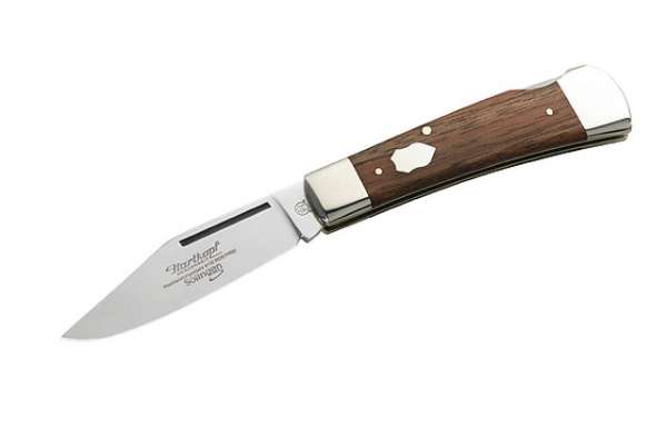 Hartkopf-Taschenmesser, Stahl 1.4110, Rotholz, Neusilberbacken