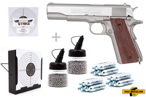 Co² Pistole Komplettset: Swiss Arms 1911 Seventies BB, Kugelfangkasten & Zubehör Co² Pistole Komplettset: Swiss Arms 1911 Seventies BB, Kugelfangkasten & Zubehör