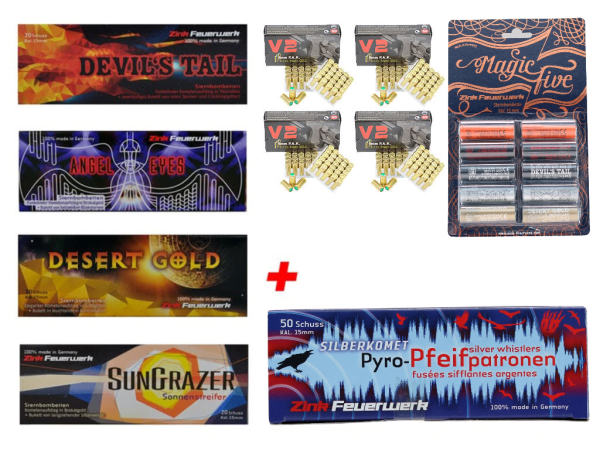 Silvester Pyro Munition - Set: 150 Teile Zink Feuerwerk + 200 Schuss Platzpatronen