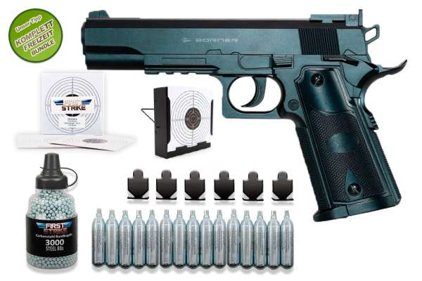 Co² Pistole Komplettset: Borner 1911 CO2 Luftpistole Kal. 4,5 mm BB schwarz