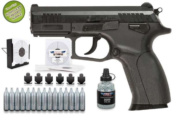 Co² Pistole Komplettset: Grand Power Modell P1MK7 NON BLOW BACK, Kugelfangkasten & Zubehör