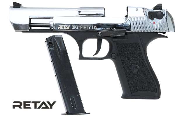 RETAY Big Fifty Schreckschuss Pistole 9 mm P.A.K Vollmetallausführung Chrome-Finish