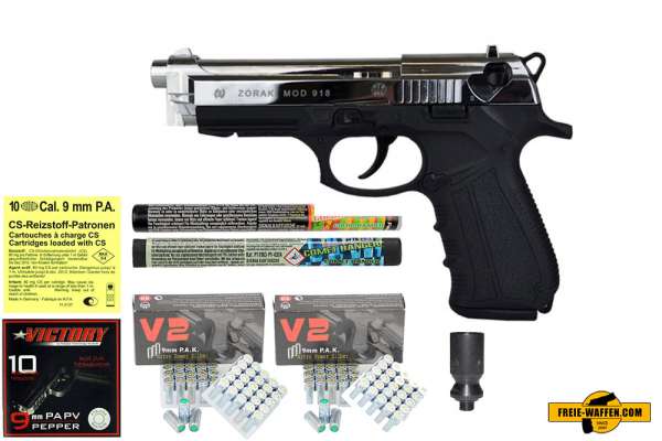 ZORAKI 918 - Komplett Set -Schreckschusspistole / Gaspistole 9 mm P.A.K. chrom