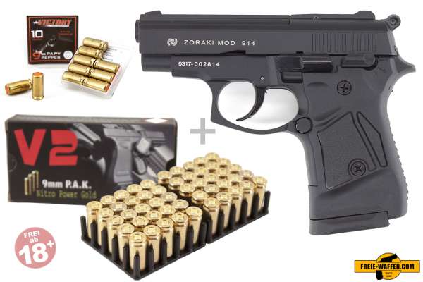 Schreckschuss Set Zoraki 914 Schwarz inkl. 50 Schuss Platzpatronen und 10 Pfefferpatronen 
