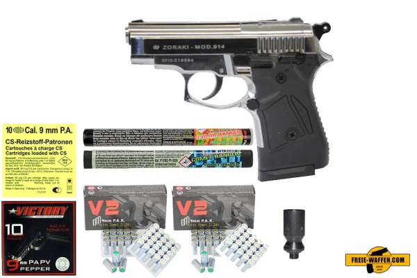 ZORAKI 914 - Komplett Set - Schreckschusspistole / Gaspistole 9 mm P.A.K. chrom
