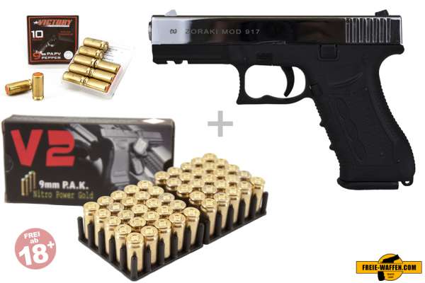 Schreckschuss Set: Zoraki 917 Schwarz / Chrom + 50 Platz- / + 10 Pfefferpatronen 9mm P.A.K.