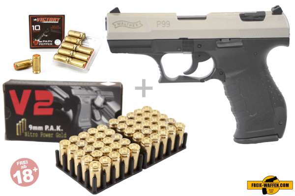 Walther P99 Bicolor Schreckschuss Set + 50 Platzpatronen + 10 CS-Gas Patronen 9mm