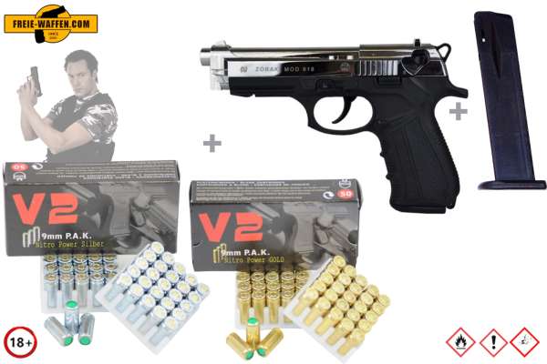 ZORAKI 918 - Komplett Set - Schreckschuss-Pistole Kal. 9mm P.A.K + Munition und Zubehör