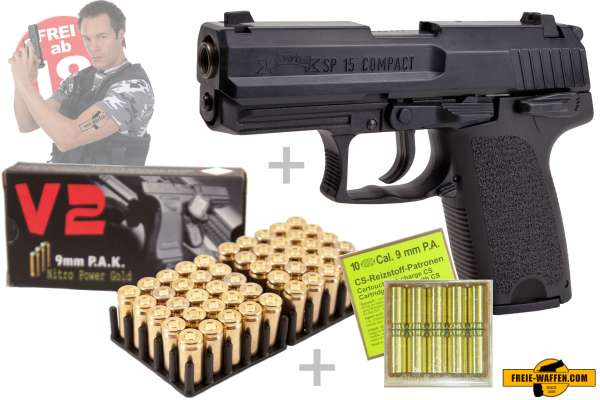 IWG SP15 Compact brüniert Schreckschuss Set + 50 Platzpatronen + 10 CS-Gas Patronen 9mm