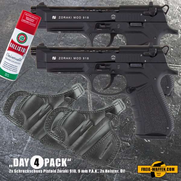 Everydaycarry: 2x ZORAKI 918 Schreckschusspistole / Gaspistole 9 mm P.A.K.  Schwarz + 2x First Strike Zoraki 918 Gürtel Holster Leder schwarz +  Ballistolspray günstig online kaufen.