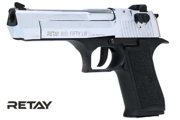 RETAY Big Fifty Schreckschuss Pistole 9 mm P.A.K Vollmetallausführung Chrome-Finish