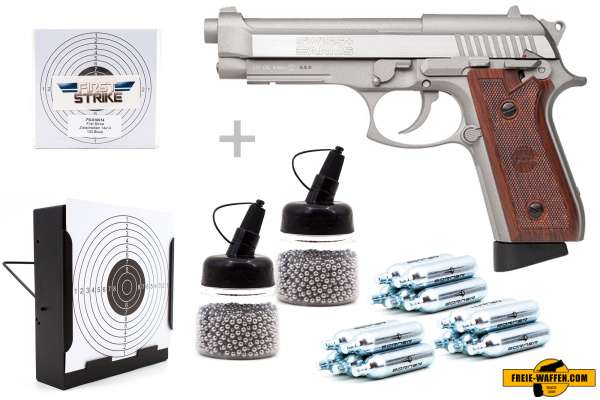 Co² Pistole Komplettset: Swiss Arms 92 BB Stainless Vollmetall, Kugelfangkasten & Zubehör Co² Pistole Komplettset: Swiss Arms 92 BB Stainless Vollmetall, Kugelfangkasten & Zubehör