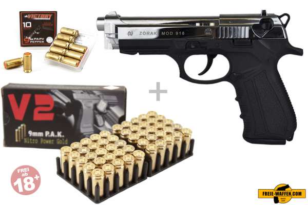 Schreckschuss Set: Zoraki 918 Schwarz Chrom + 50 Platz- / + 10 Pfefferpatronen 9mm P.A.K.