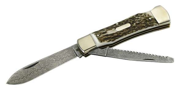 Hartkopf Jagd-Taschenmesser, mit Säge, Balbach-Damast, Hirschhor