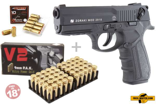 Schreckschuss Set: Zoraki 2918 Schwarz + 50 Platz- / + 10 Pfefferpatronen 9mm P.A.K.