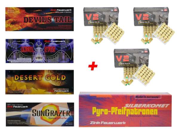 Silvester Pyro Munition - Set: 130 Teile Zink Feuerwerk + 150 Schuss Platzpatronen