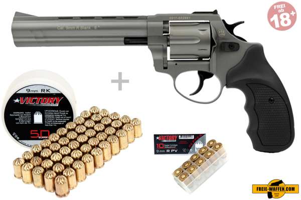 Schreckschuss Set: Zoraki Revolver R1 6 Zoll Titan + 50 Platz- / + 10 Pfefferpatronen 9mm R.K.
