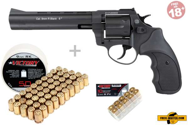 Schreckschuss Set: Zoraki Revolver R1 6 Zoll Schwarz + 50 Platz- / + 10 Pfefferpatronen 9mm R.K.