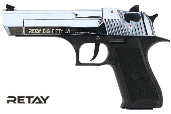 RETAY Big Fifty Schreckschuss Pistole 9 mm P.A.K Vollmetallausführung Chrome-Finish