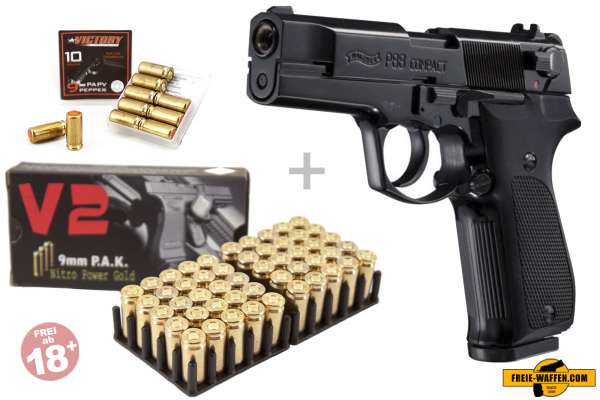 Walther P88 Schwarz/ brüniert Schreckschuss Set + 50 Platzpatronen + 10 CS-Gas Patronen 9mm